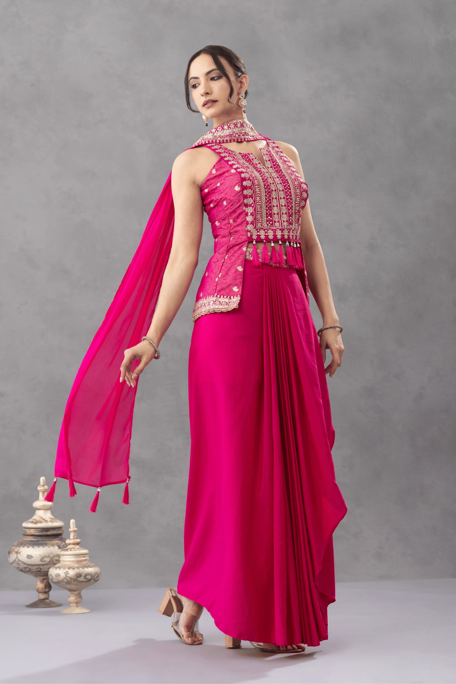 Hot Pink Embroidered Peplum Top with Draped Skirt