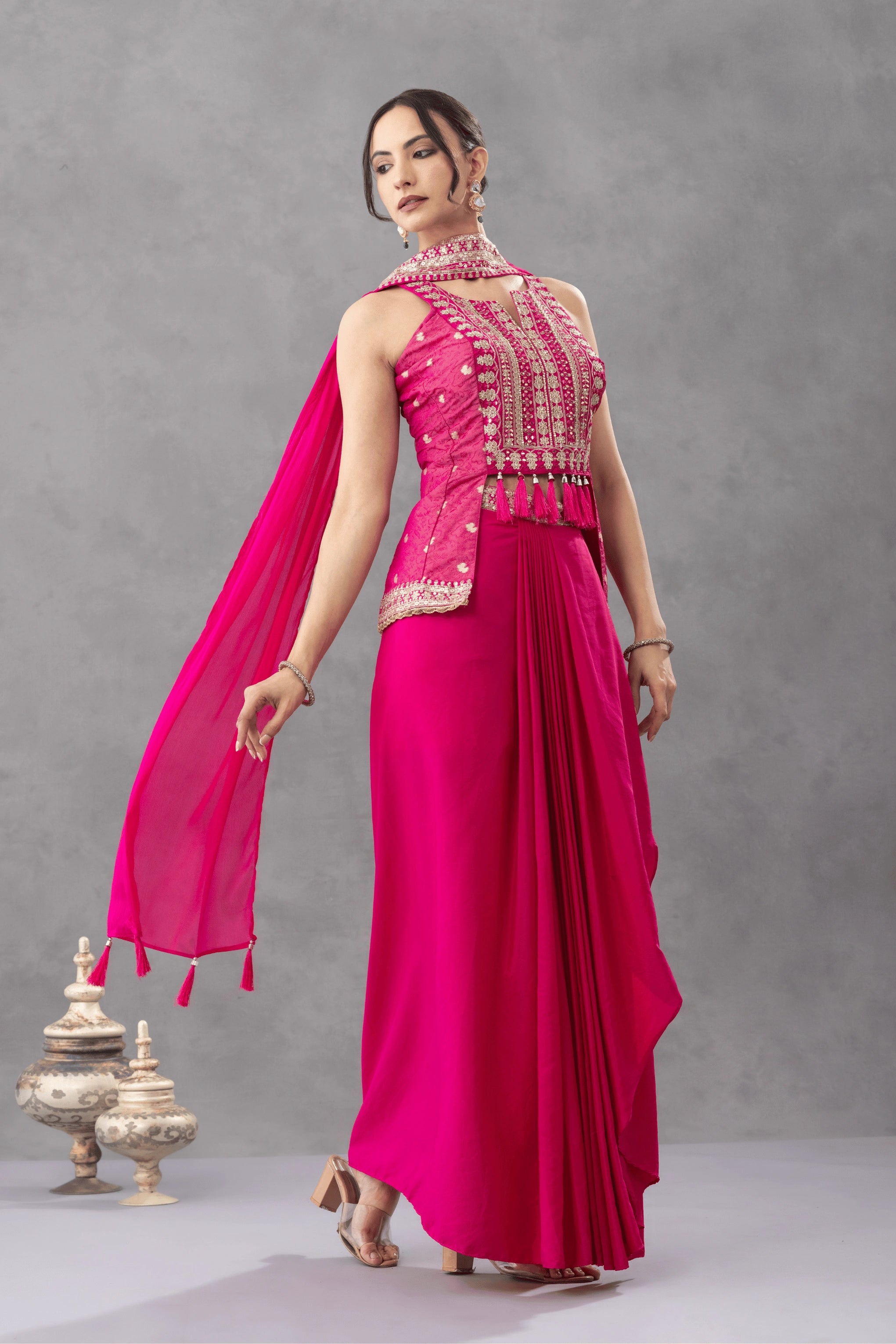 Hot Pink Embroidered Peplum Top with Draped Skirt