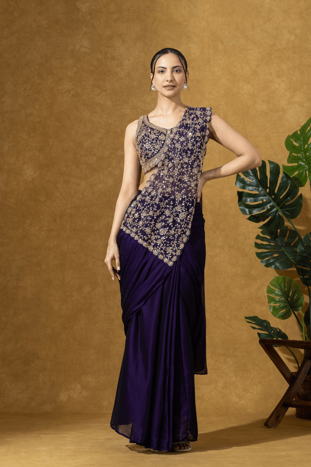 Midnight Purple Embroidered Drape Saree Set