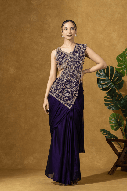 Midnight Purple Embroidered Drape Saree Set