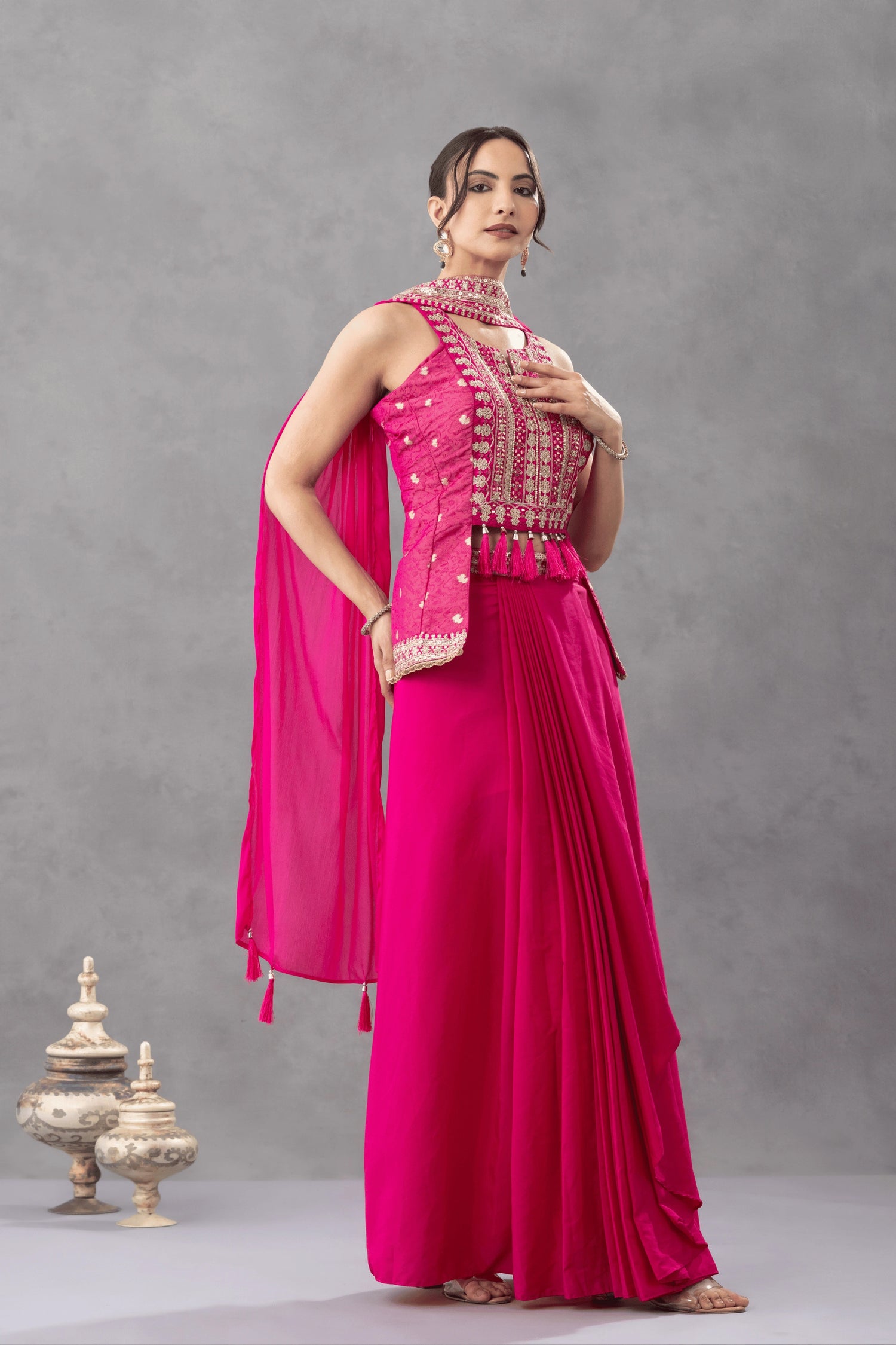 Hot Pink Embroidered Peplum Top with Draped Skirt