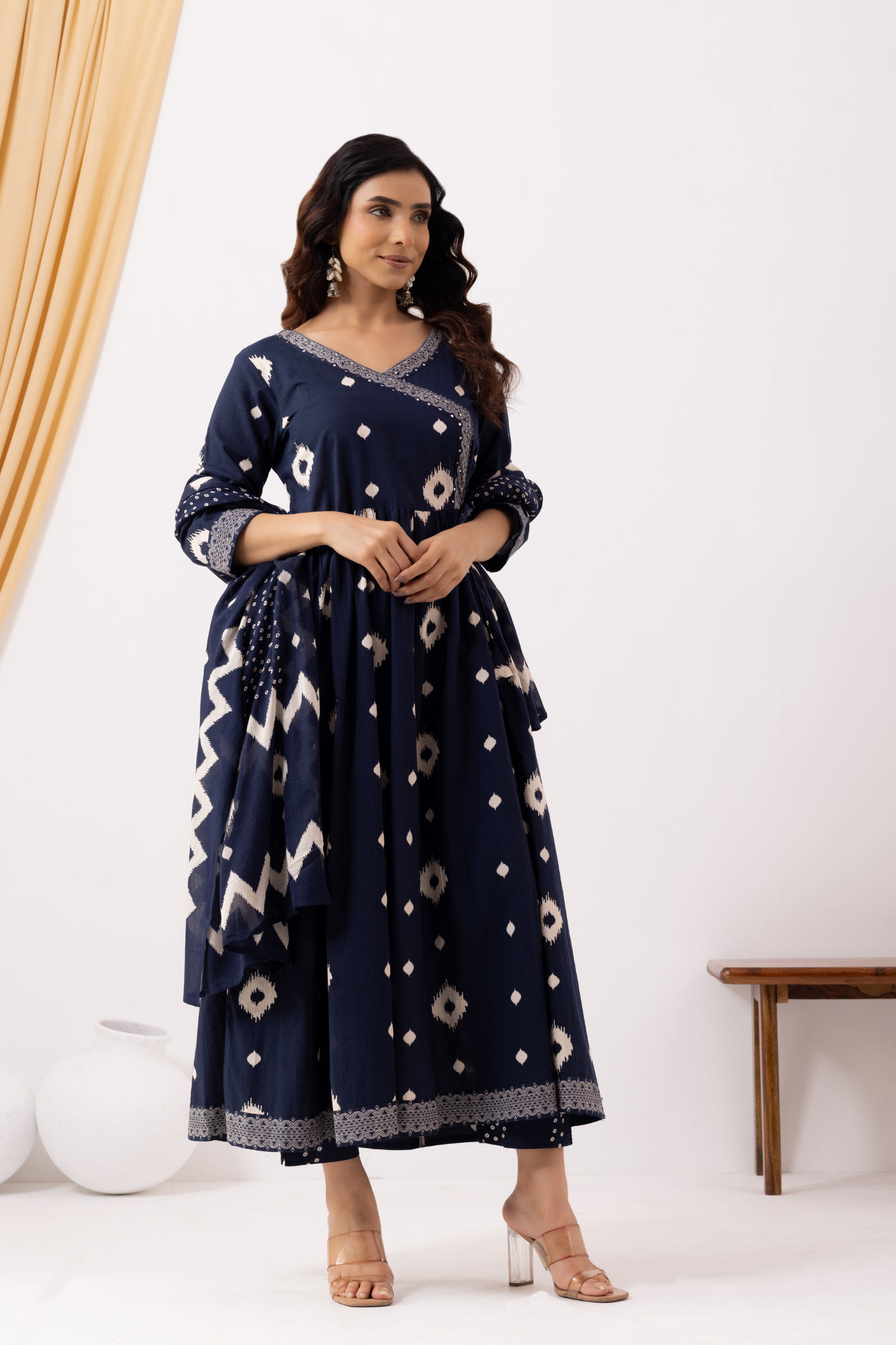 Blue Cotton Printed Angrakha Anarkali Suit Set