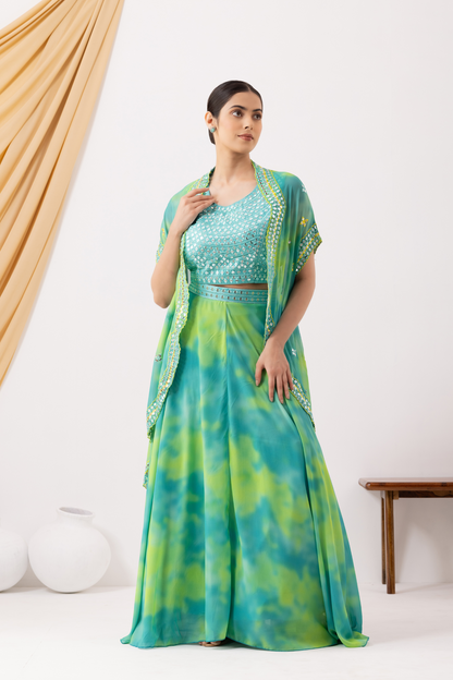 Green Tie &amp; Dye Flared Lehenga Set