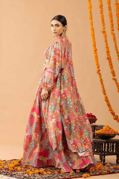 Pink Printed Sharara Set with shrug