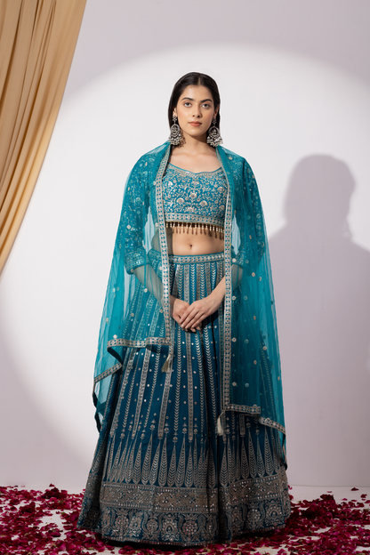 Turquoise Blue Lehenga Set with Zari Embellished Blouse and Embellished Cape