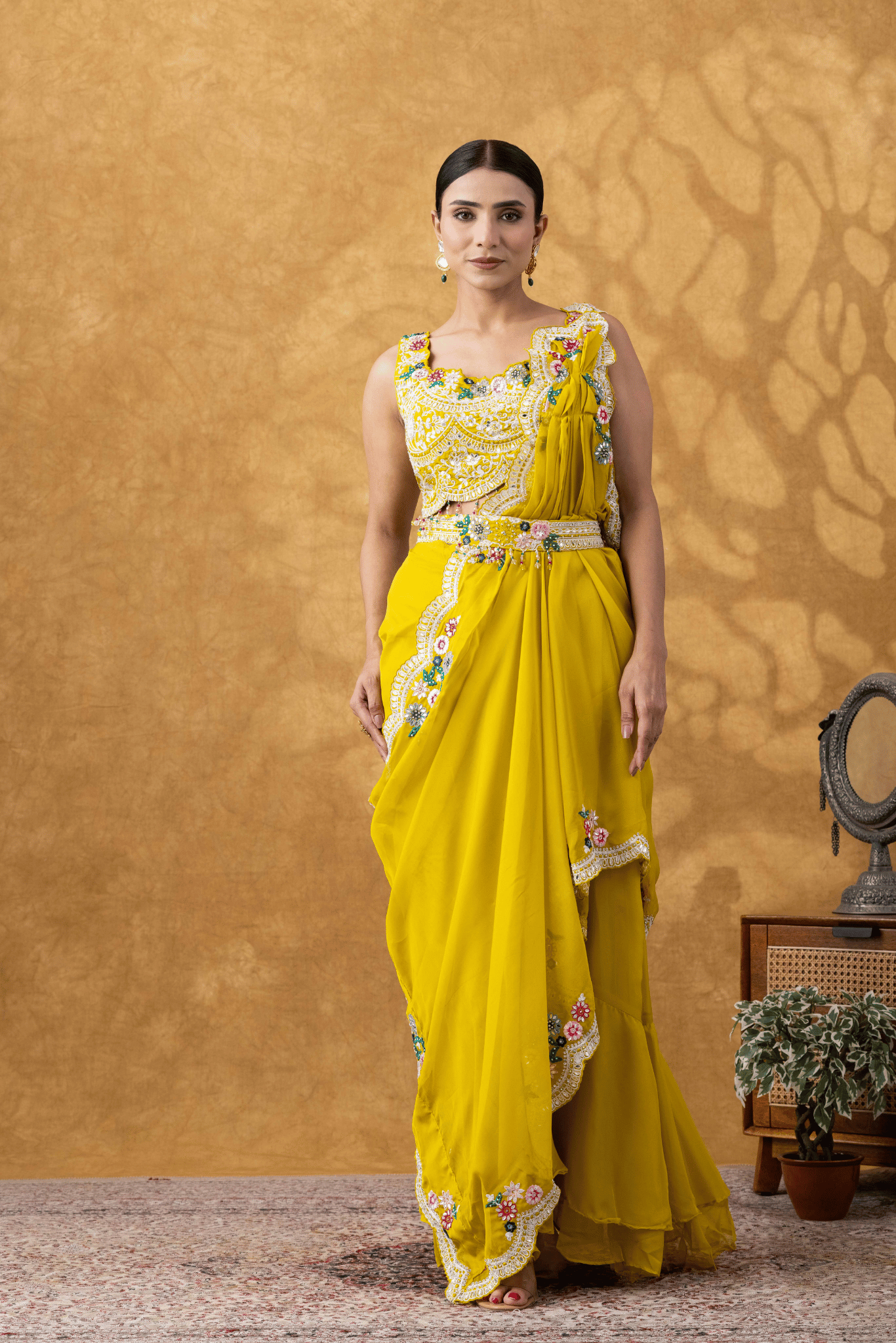 Yellow Embellished Drape Saree Set