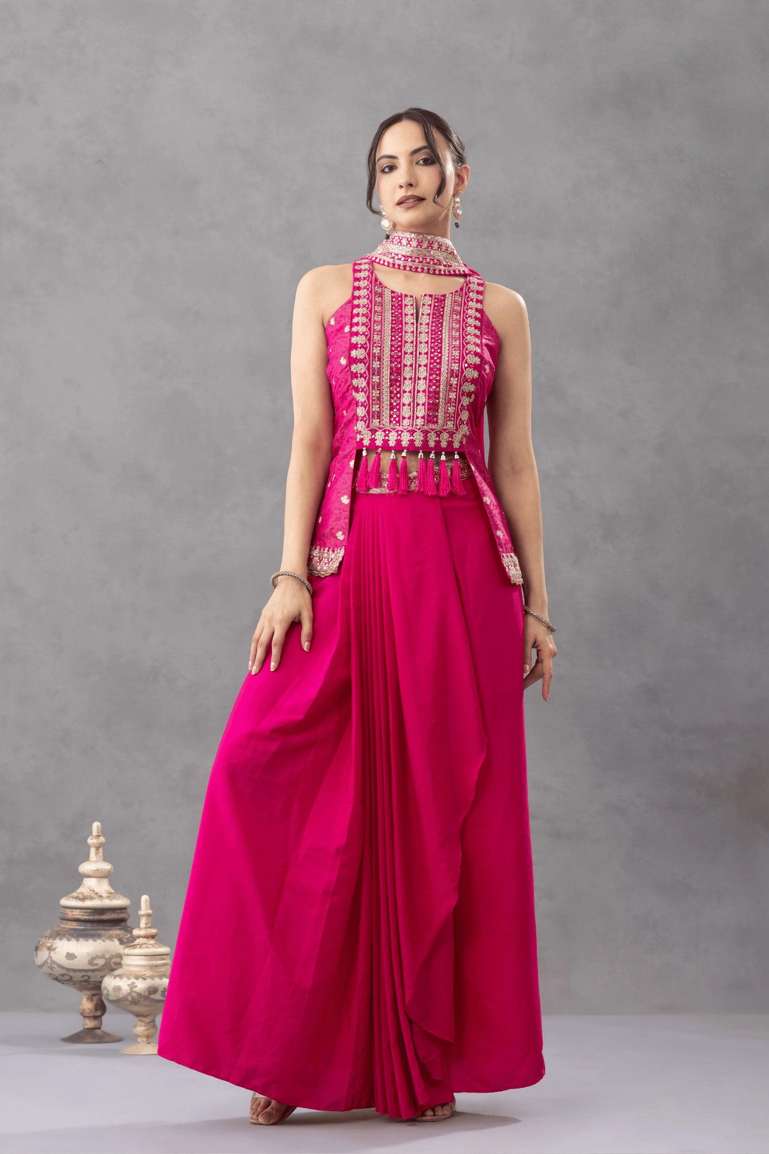 Hot Pink Embroidered Peplum Top with Draped Skirt
