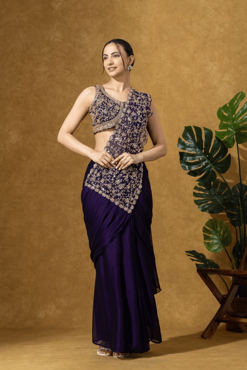 Midnight Purple Embroidered Drape Saree Set