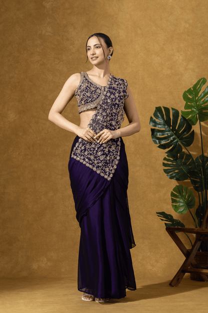 Midnight Purple Embroidered Drape Saree Set