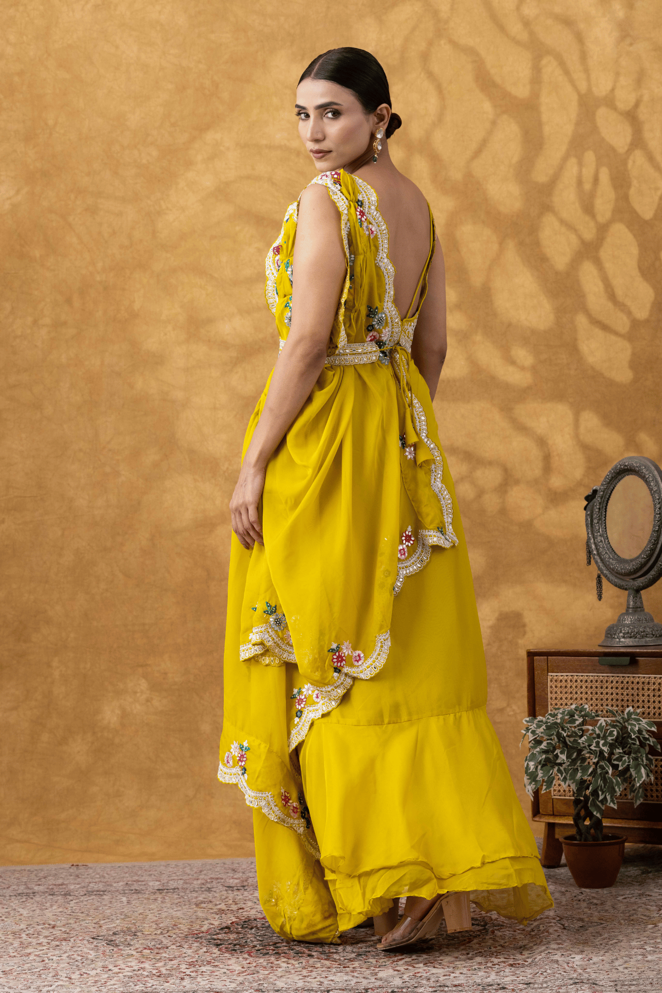 Yellow Embellished Drape Saree Set