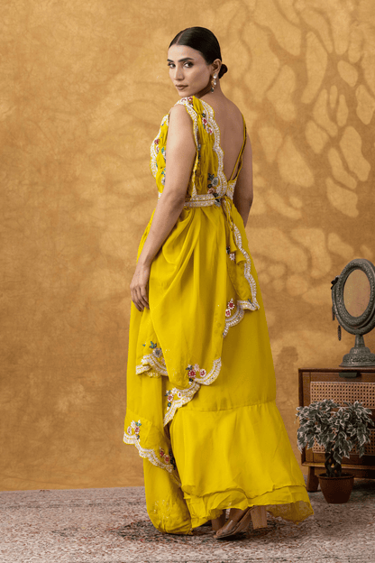 Yellow Embellished Drape Saree Set
