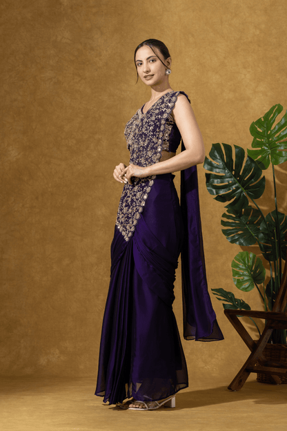 Midnight Purple Embroidered Drape Saree Set