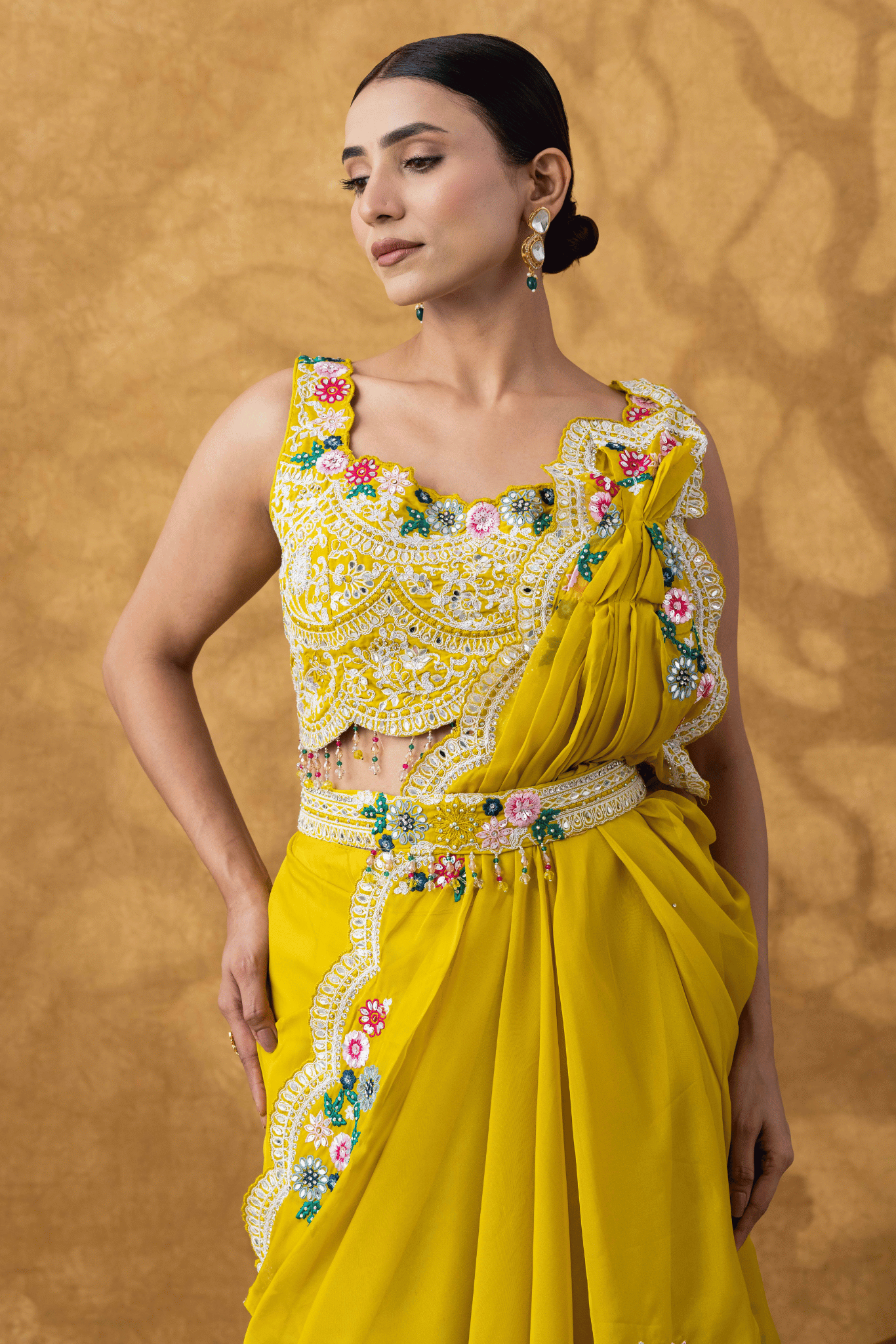 Yellow Embellished Drape Saree Set