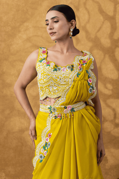 Yellow Embellished Drape Saree Set