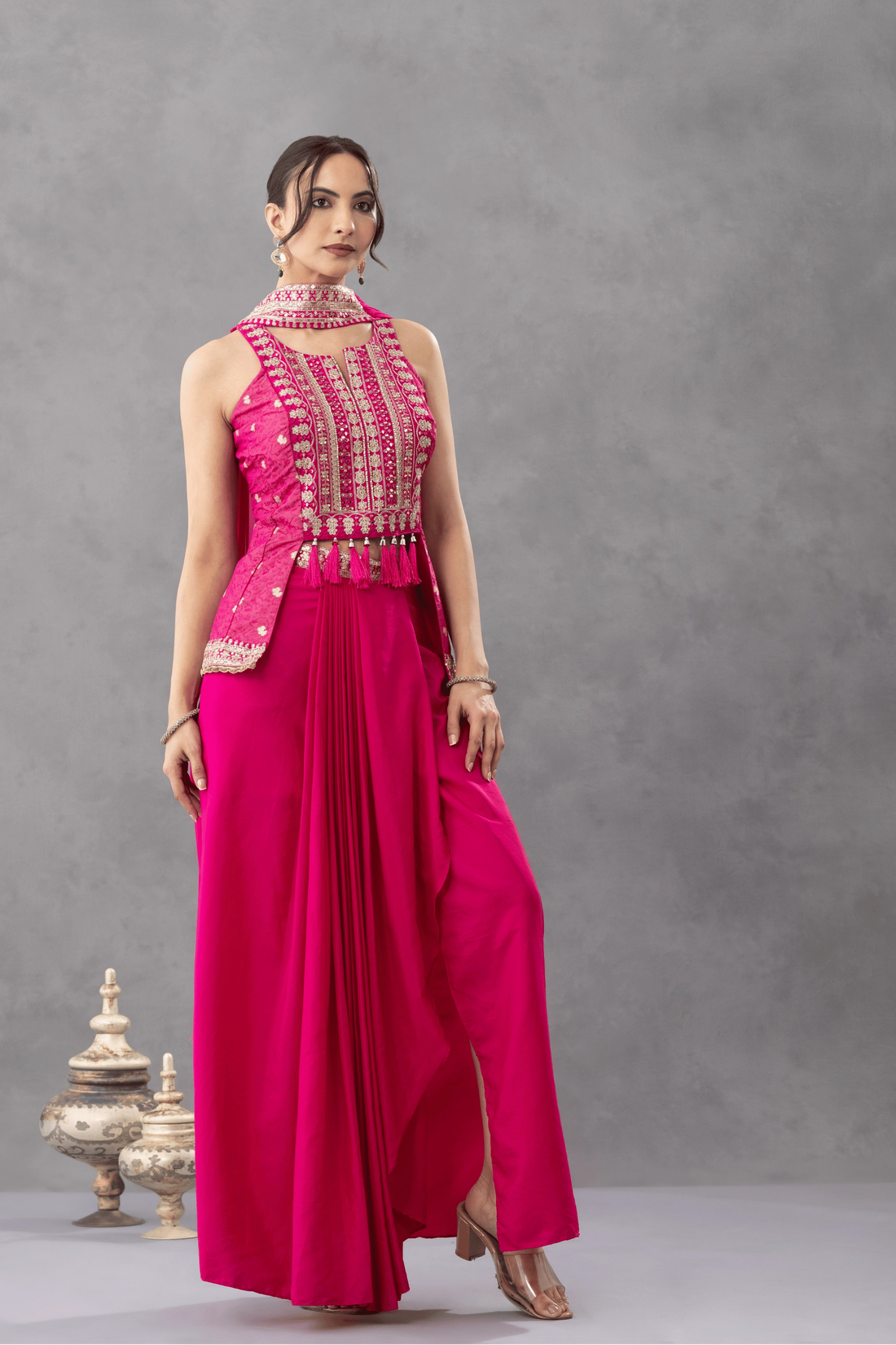 Hot Pink Embroidered Peplum Top with Draped Skirt