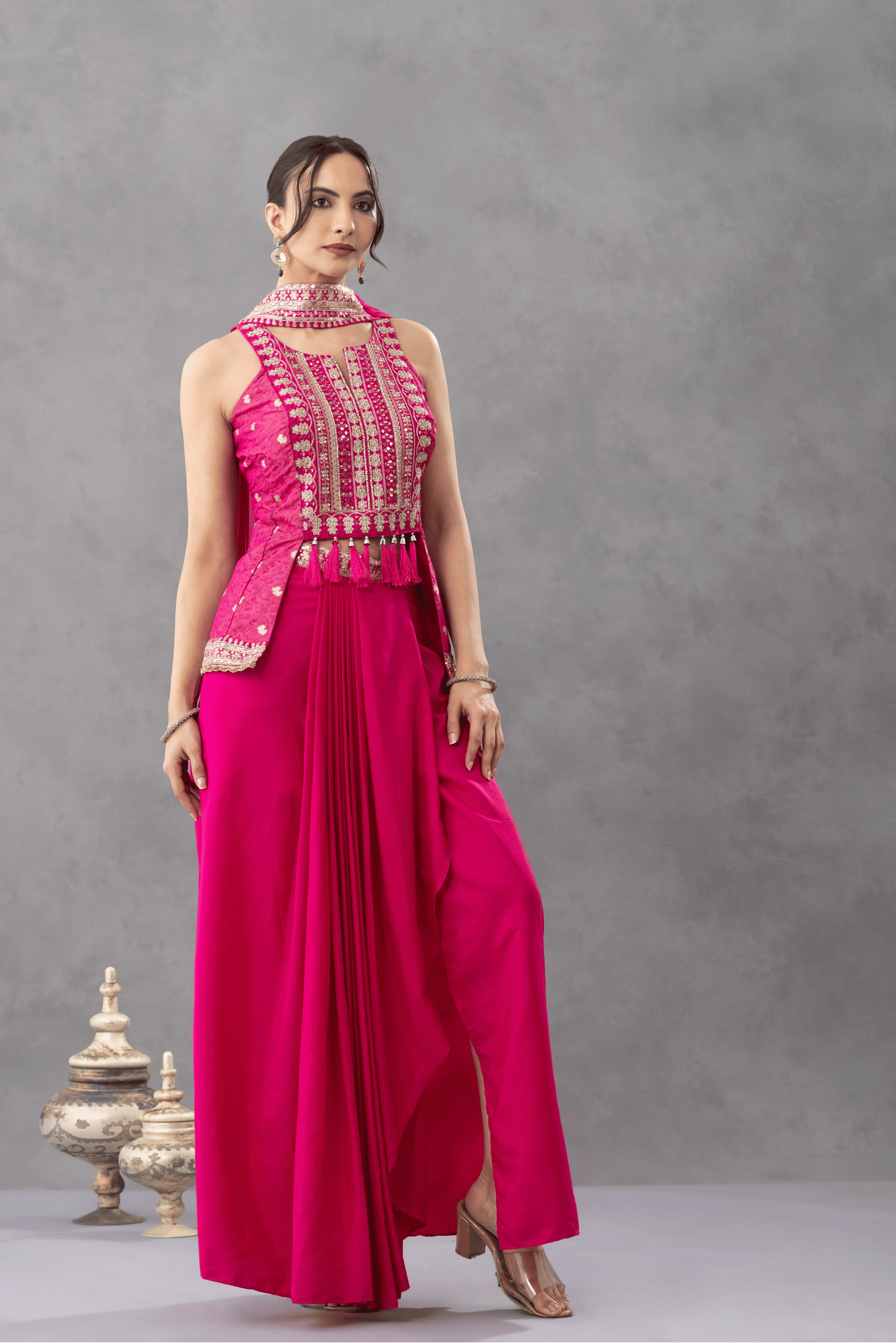 Hot Pink Embroidered Peplum Top with Draped Skirt