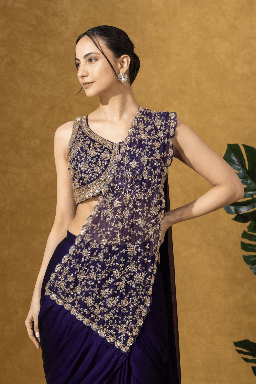 Midnight Purple Embroidered Drape Saree Set