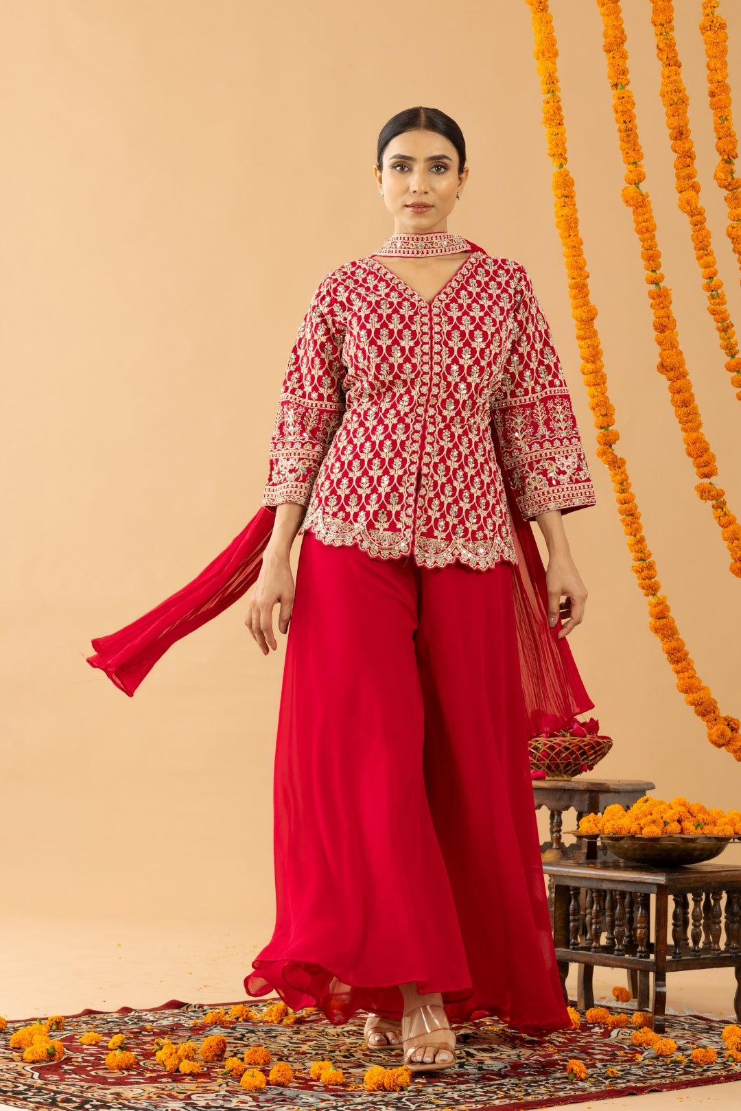 Red Sharara with Full Embroidered Top &amp; Choker Dupatta