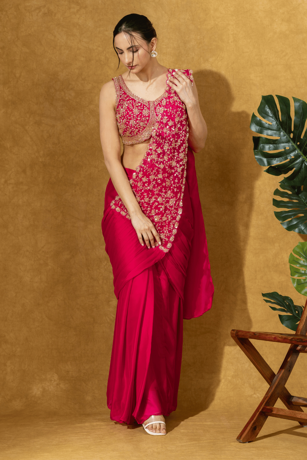 Magenta Pink Embroidered PreDrape Saree Set