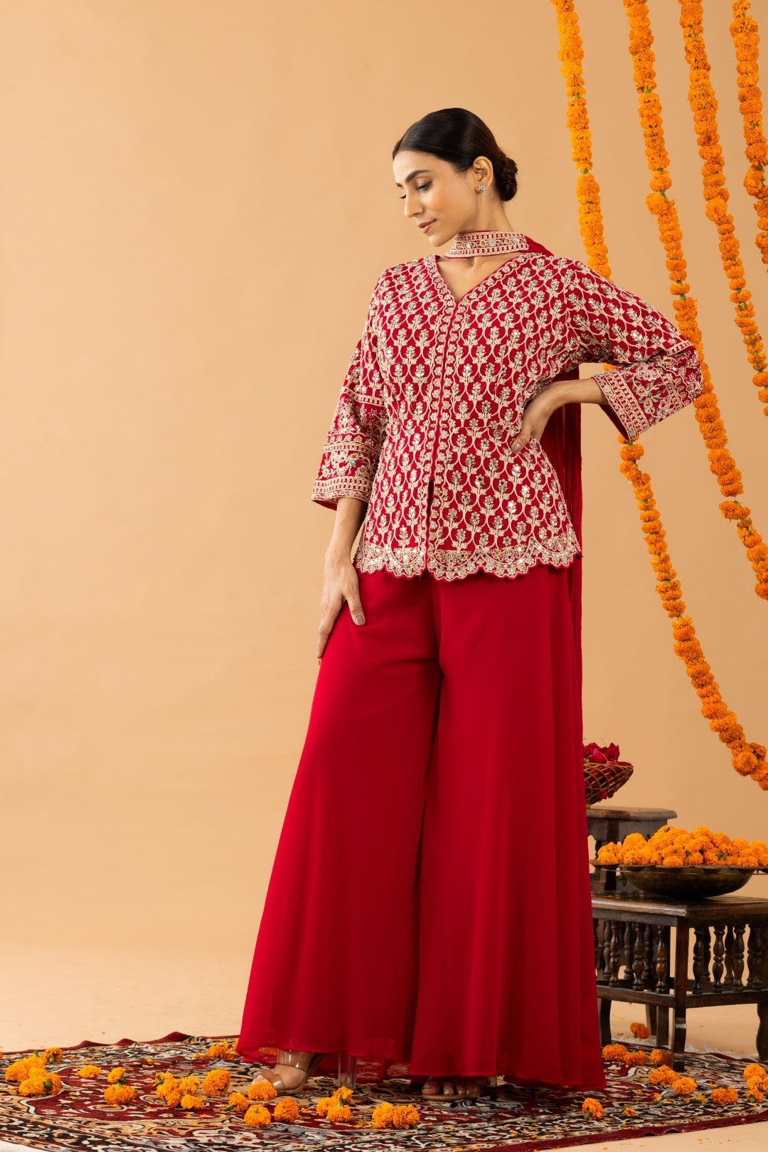 Red Sharara with Full Embroidered Top &amp; Choker Dupatta