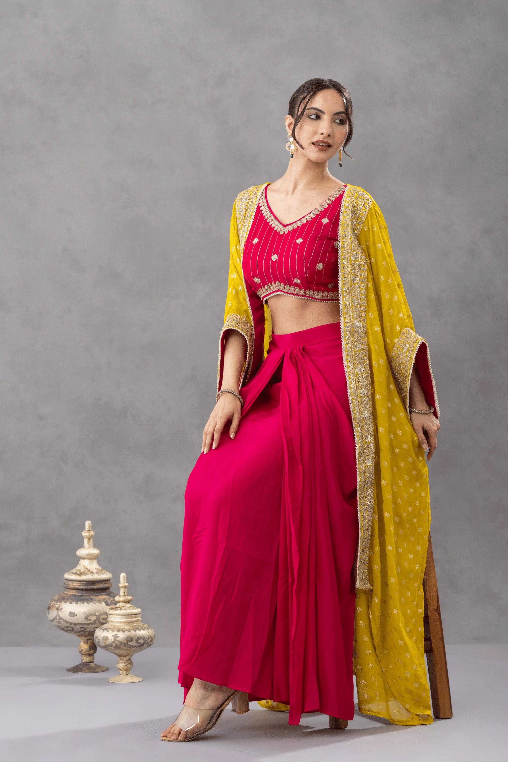 Magenta Pink Draped Skirt Set with Embellished Blouse &amp; Yellow Cape