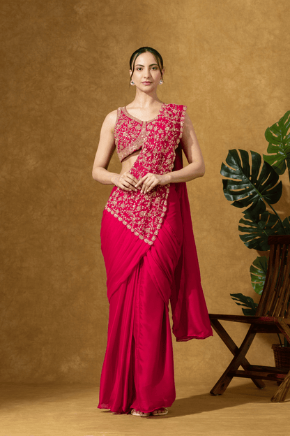 Magenta Pink Embroidered PreDrape Saree Set
