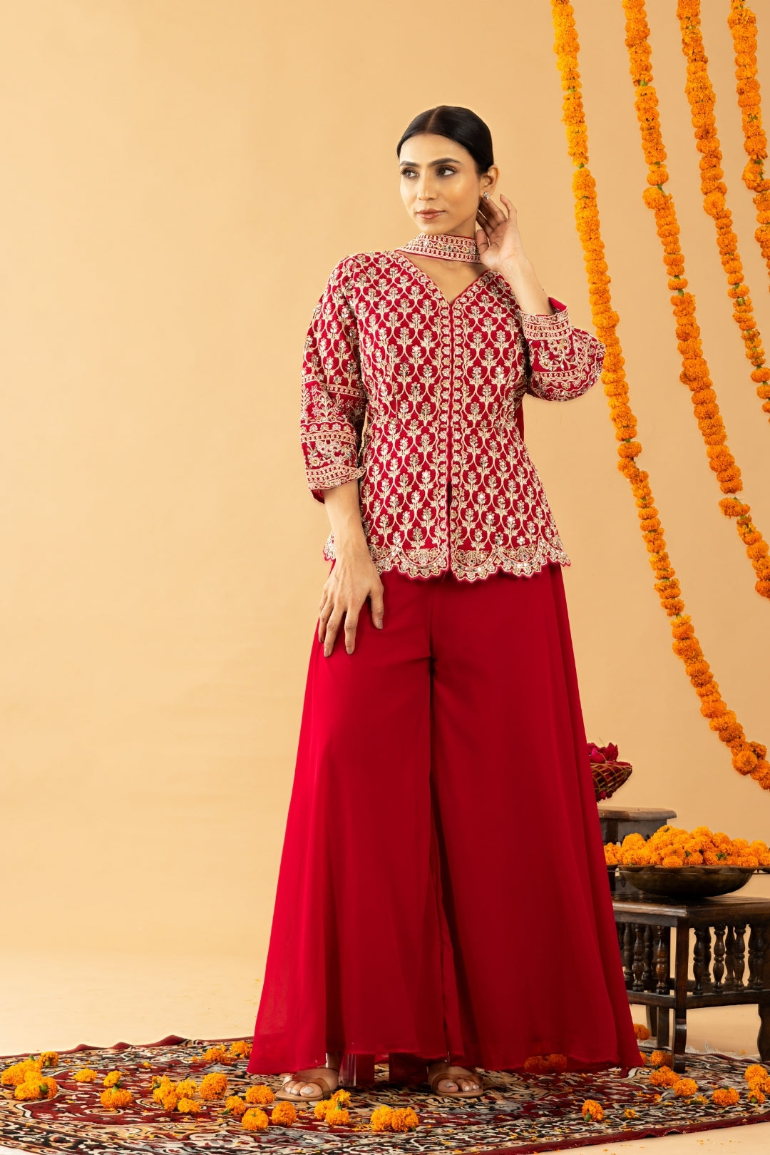 Red Sharara with Full Embroidered Top &amp; Choker Dupatta