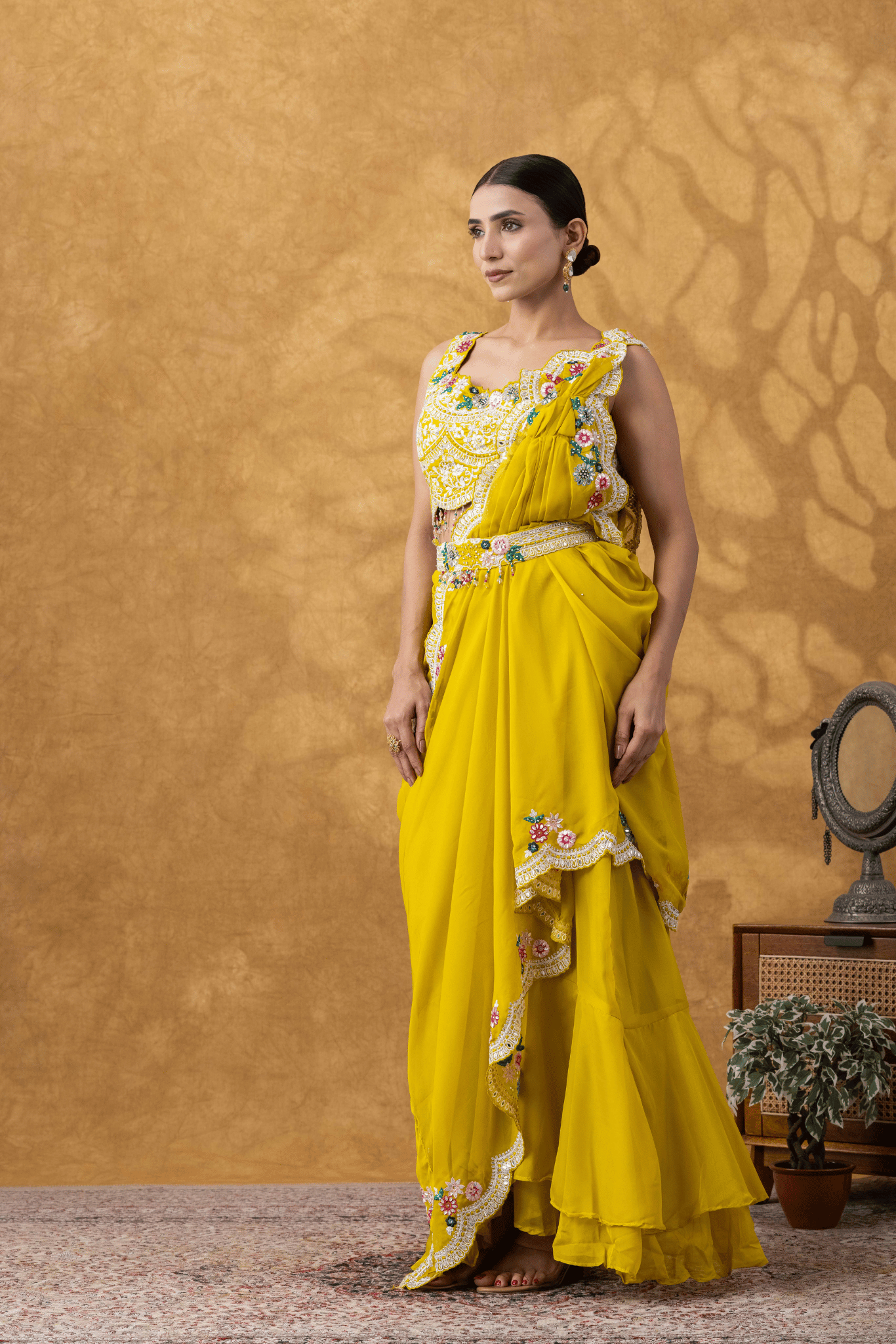 Yellow Embellished Drape Saree Set