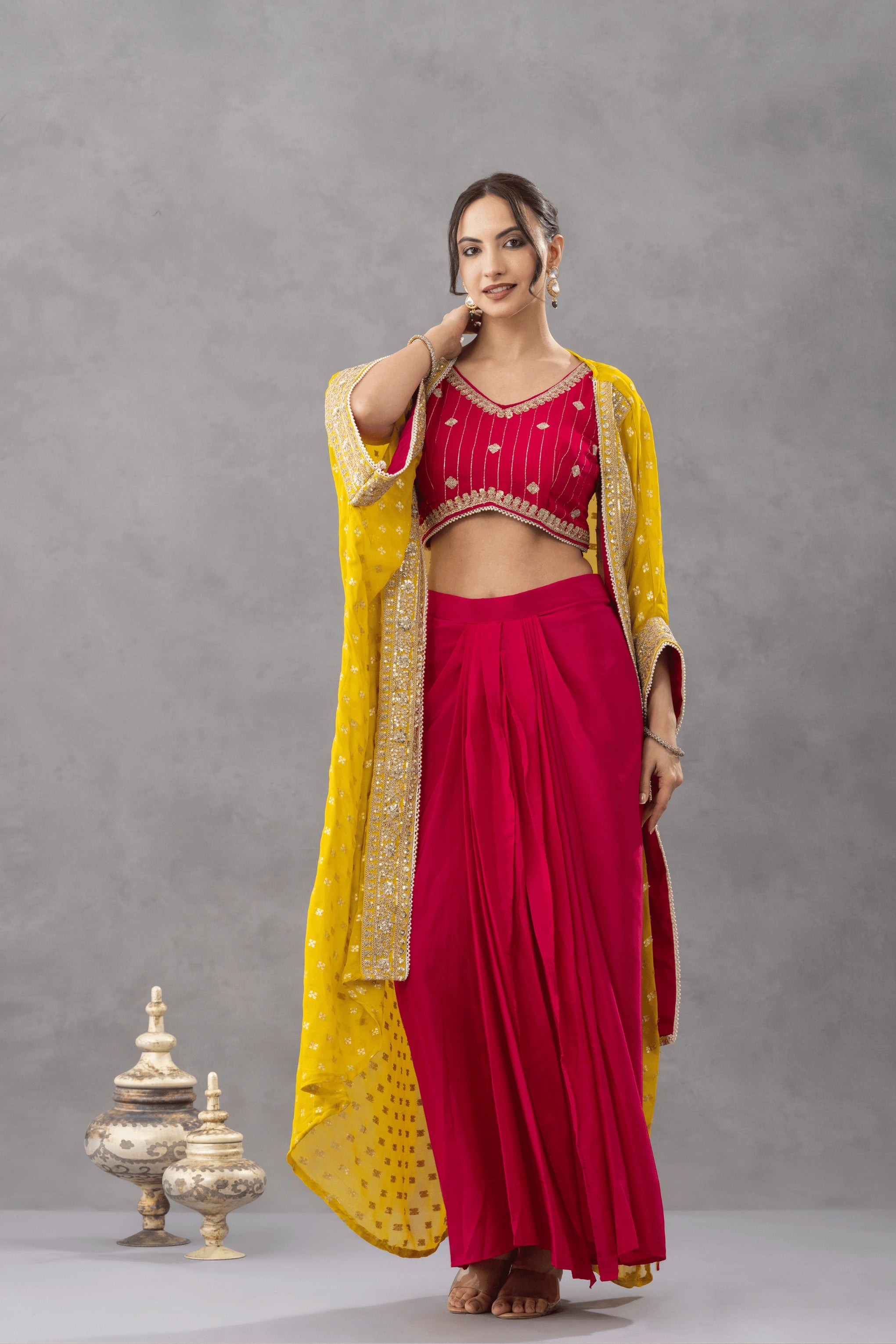 Magenta Pink Draped Skirt Set with Embellished Blouse &amp; Yellow Cape