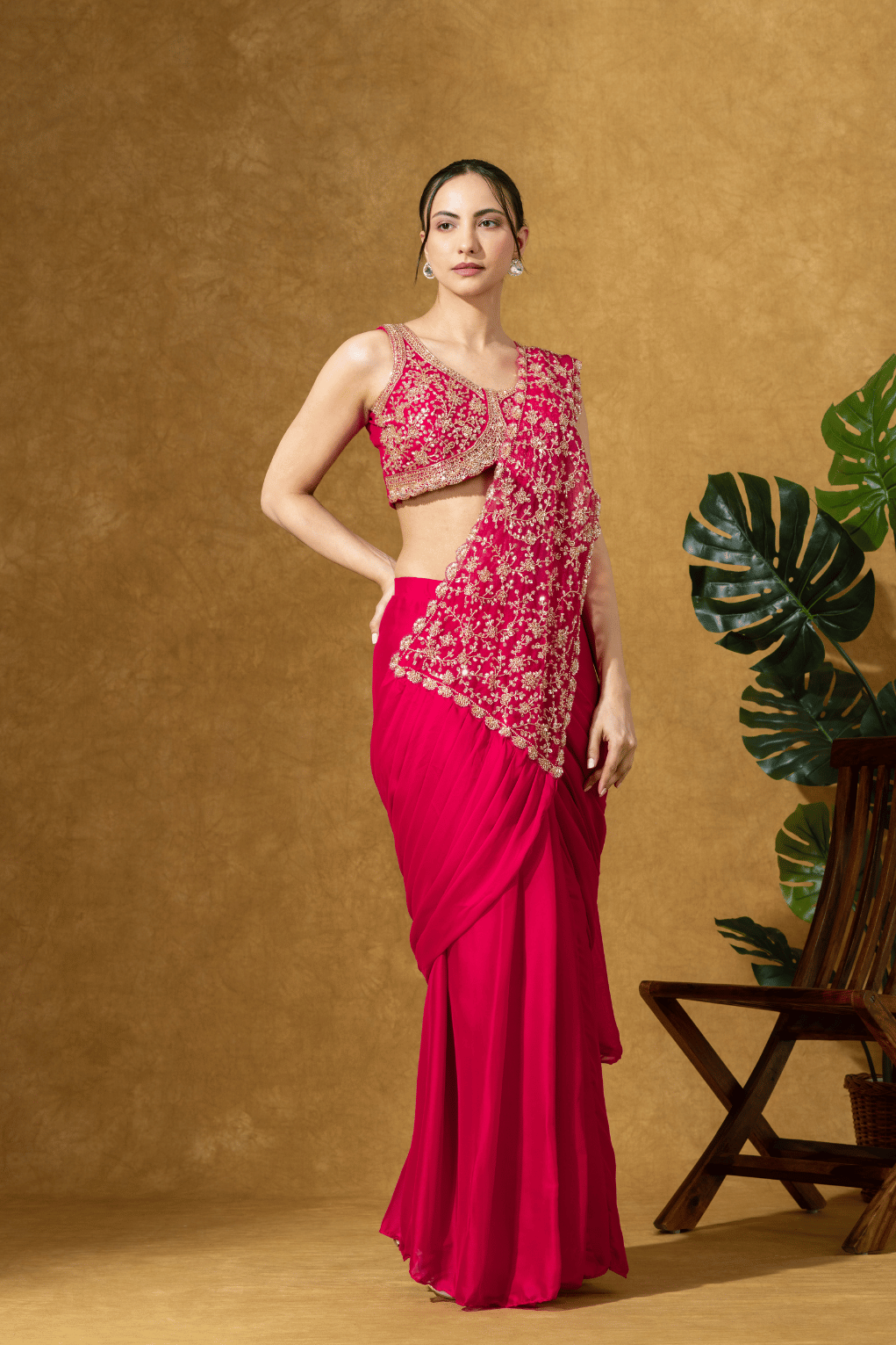 Magenta Pink Embroidered PreDrape Saree Set
