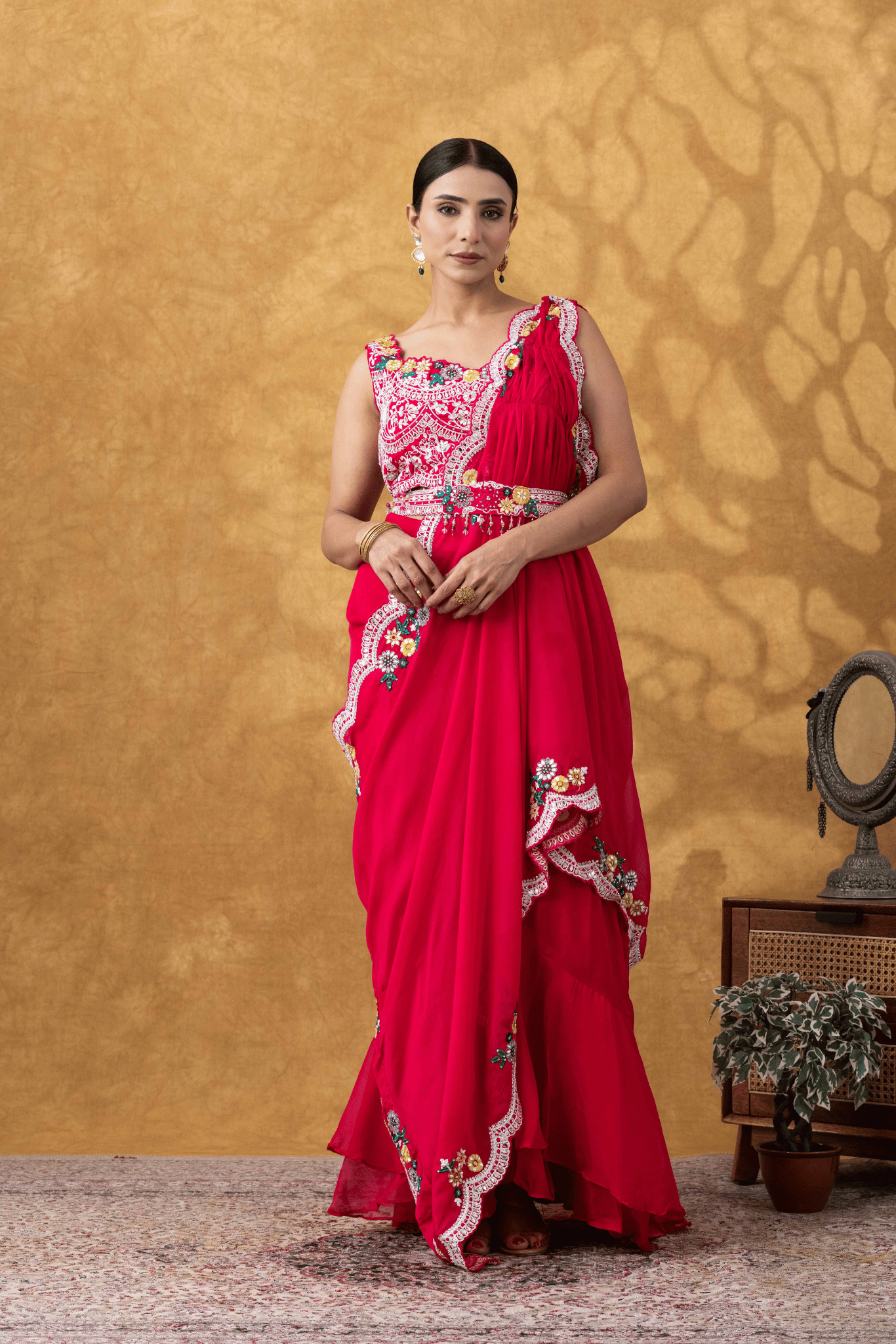 Magenta Pink Drape Saree Set