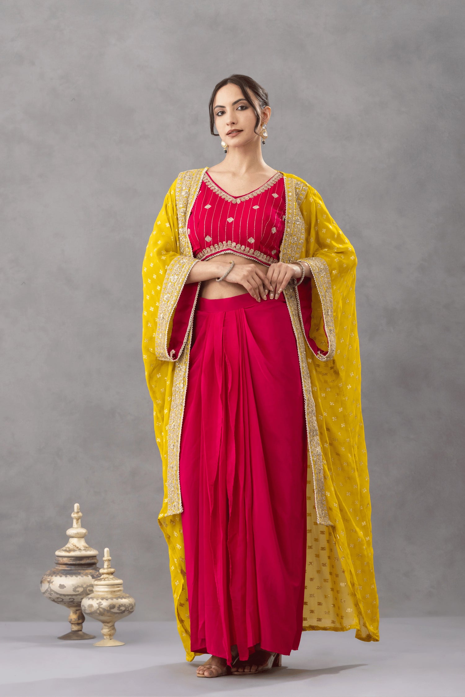 Magenta Pink Draped Skirt Set with Embellished Blouse &amp; Yellow Cape