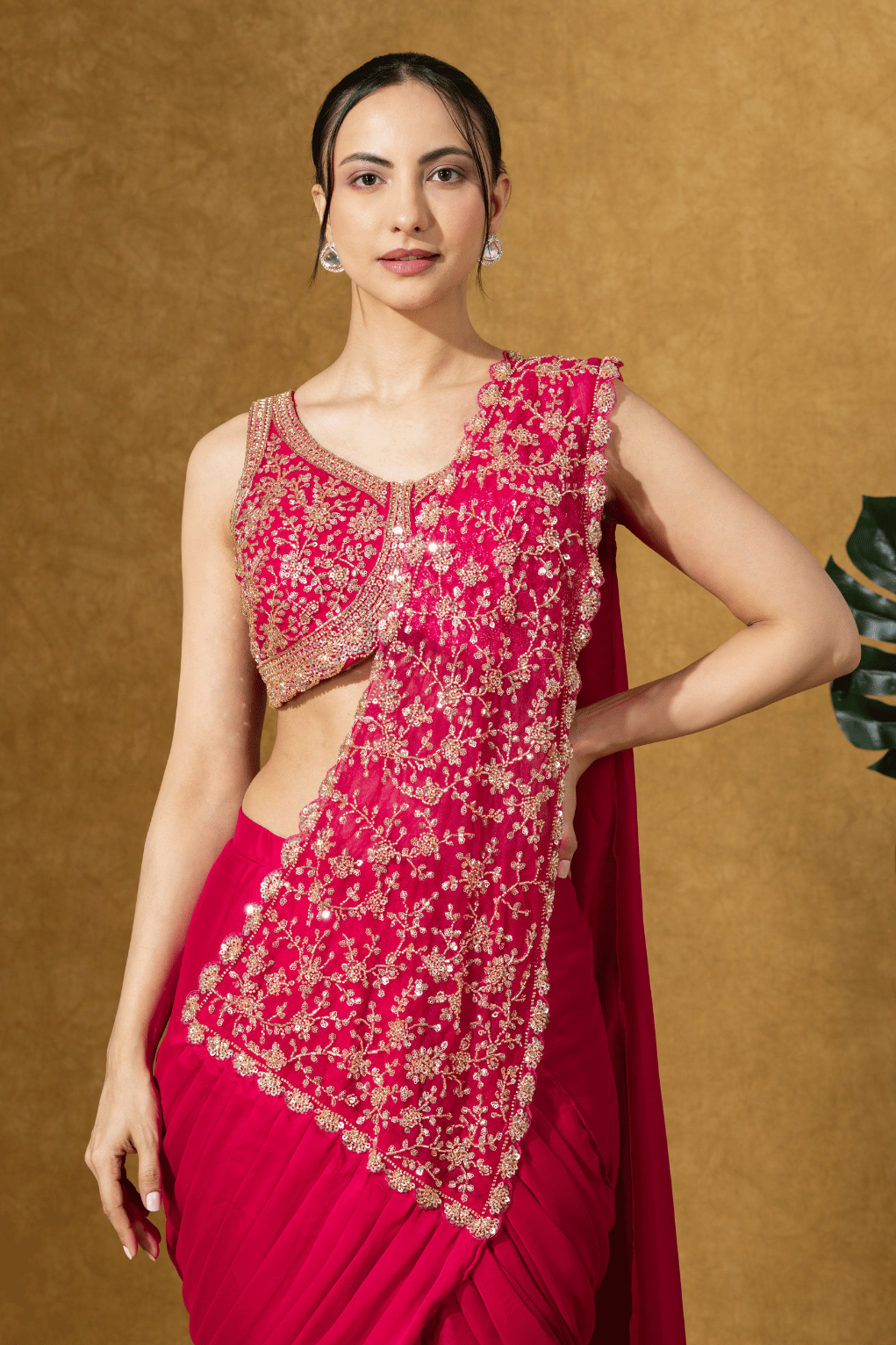 Magenta Pink Embroidered PreDrape Saree Set