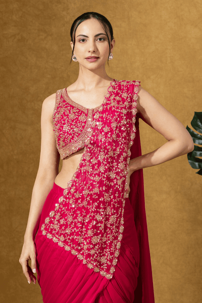 Magenta Pink Embroidered PreDrape Saree Set