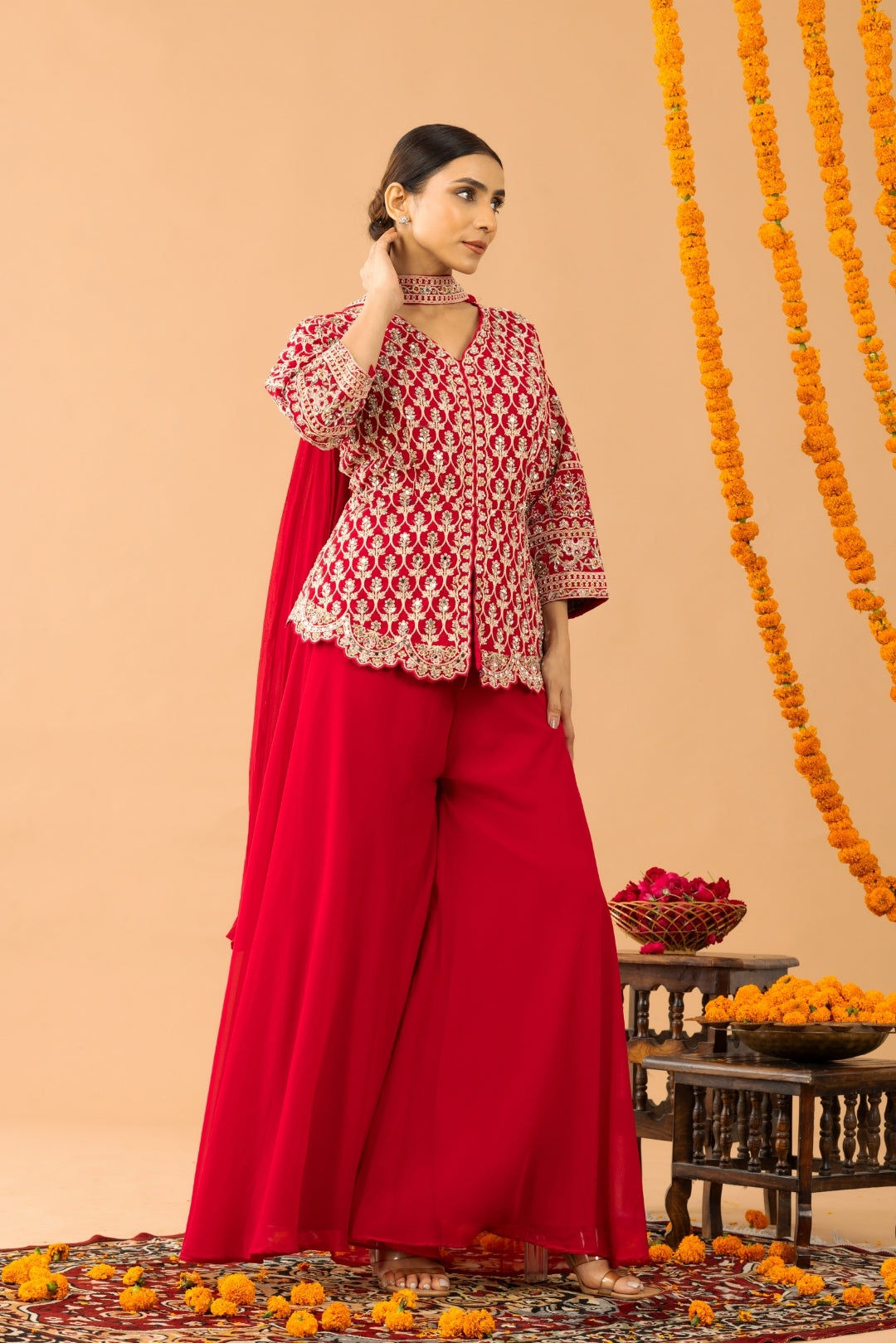 Red Sharara with Full Embroidered Top &amp; Choker Dupatta