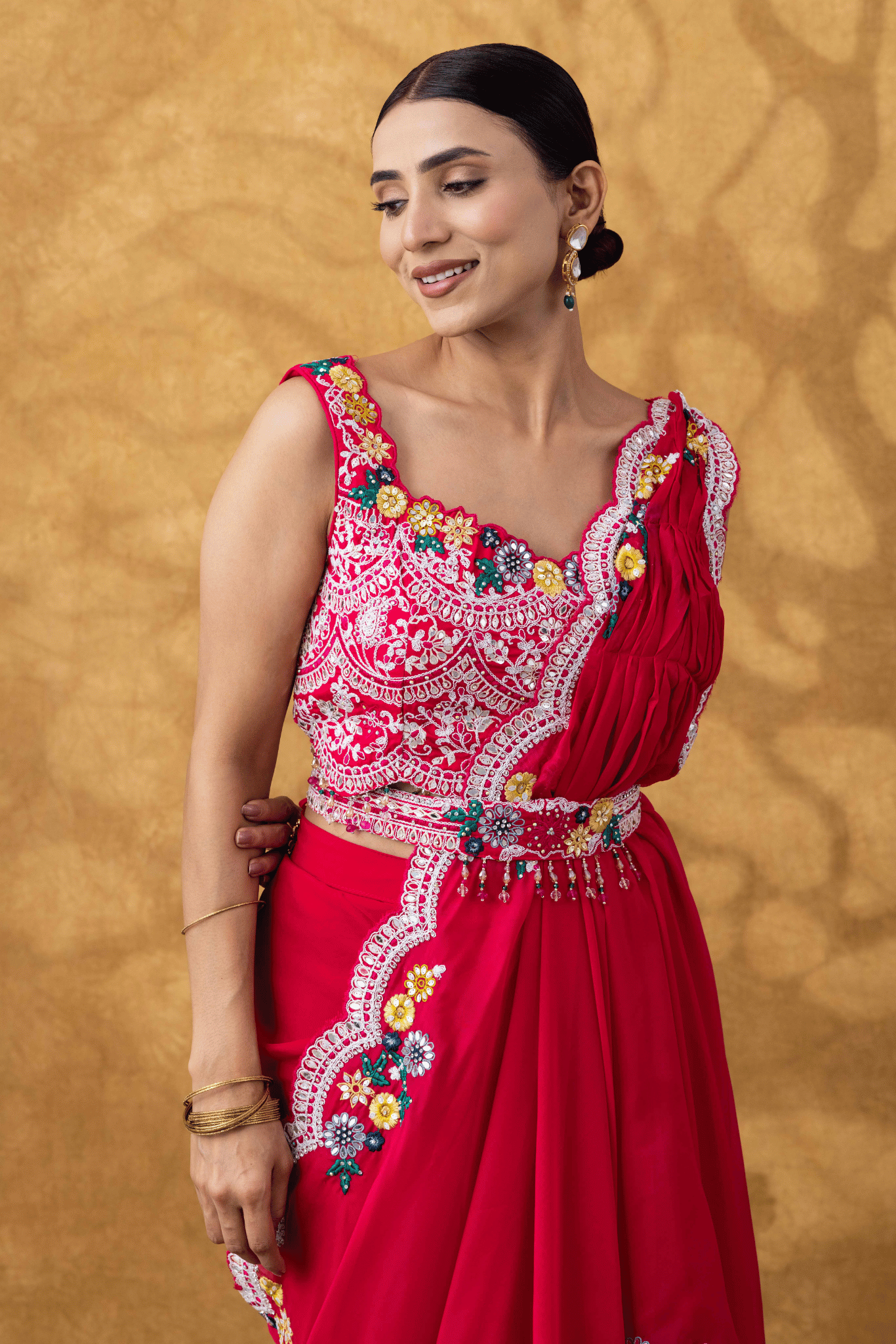 Magenta Pink Drape Saree Set