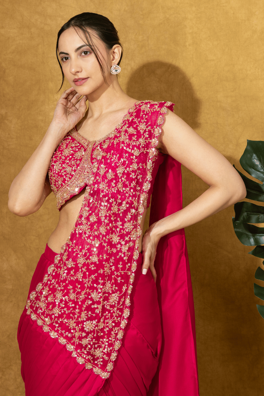 Magenta Pink Embroidered PreDrape Saree Set