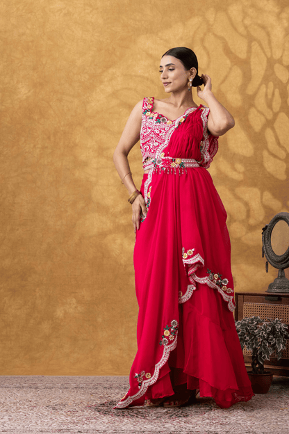 Magenta Pink Drape Saree Set