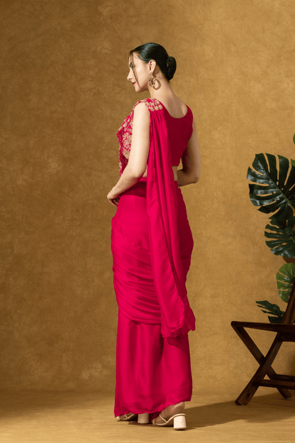 Magenta Pink Embroidered PreDrape Saree Set