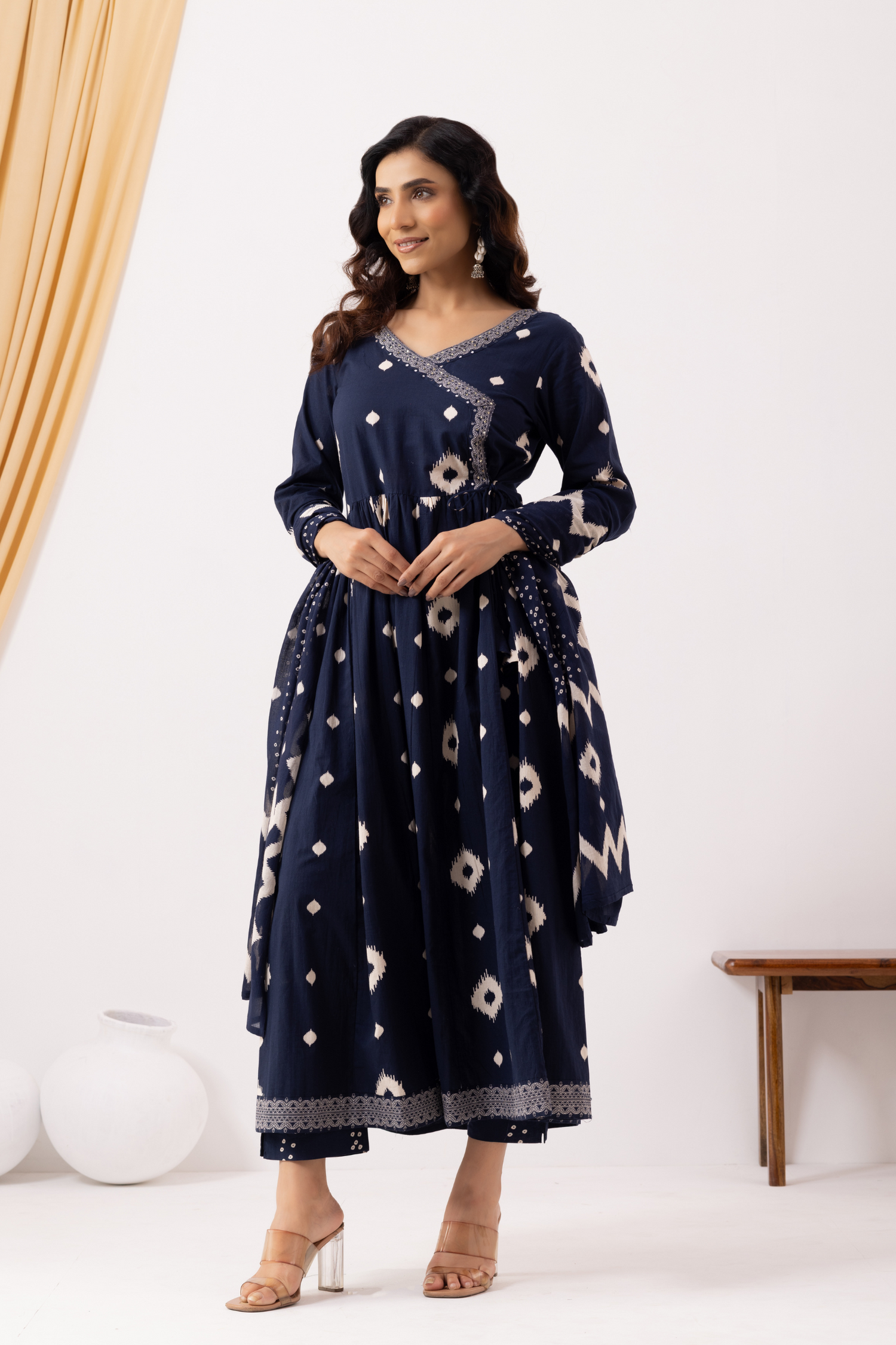 Blue Cotton Printed Angrakha Anarkali Suit Set