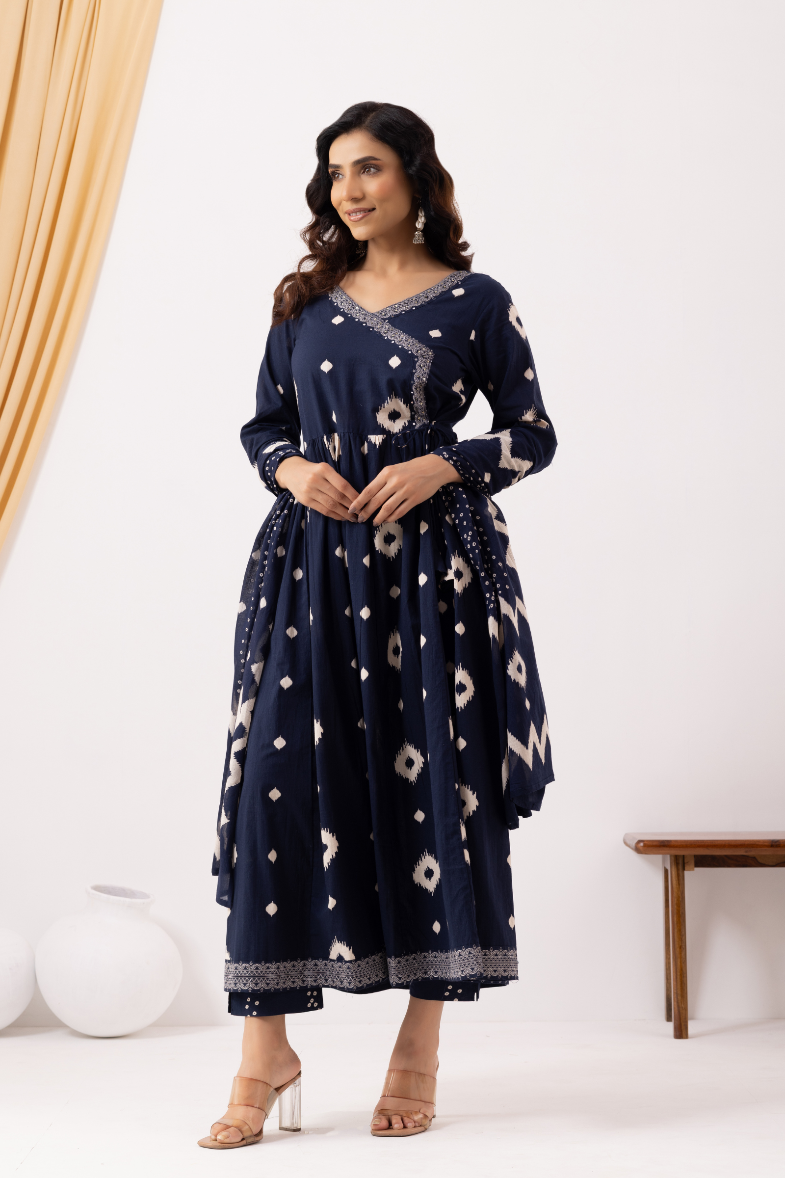 Blue Cotton Printed Angrakha Anarkali Suit Set