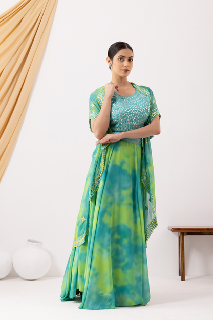 Green Tie &amp; Dye Flared Lehenga Set