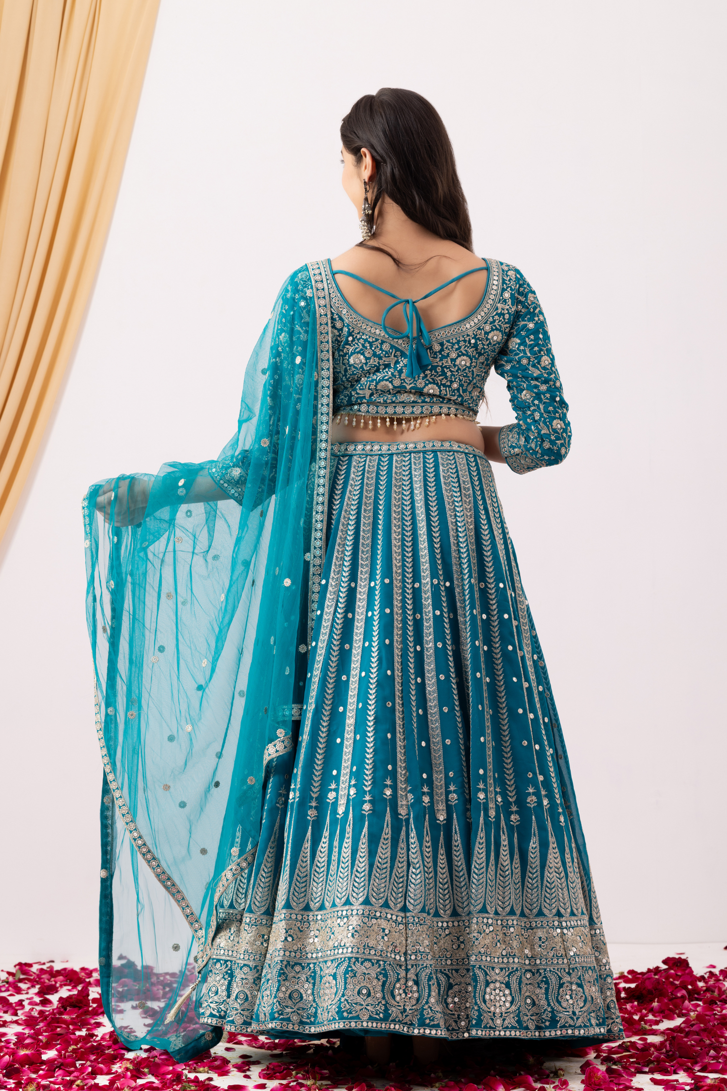 Turquoise Blue Lehenga Set with Zari Embellished Blouse and Embellished Cape