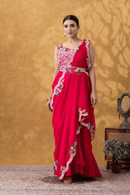 Magenta Pink Drape Saree Set