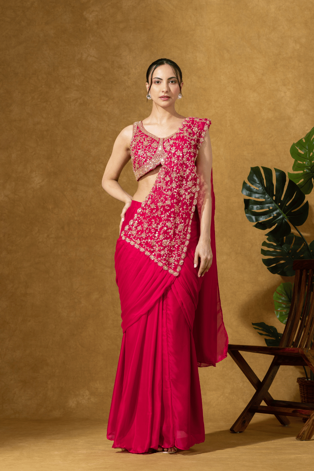 Magenta Pink Embroidered PreDrape Saree Set