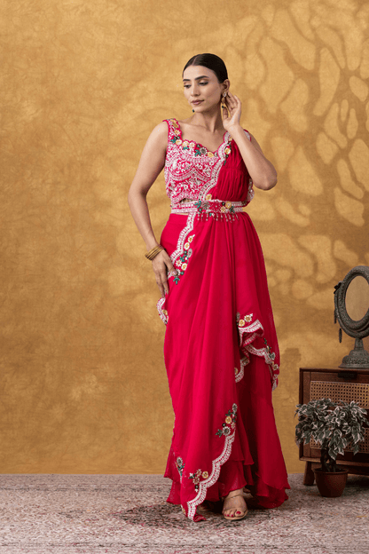 Magenta Pink Drape Saree Set