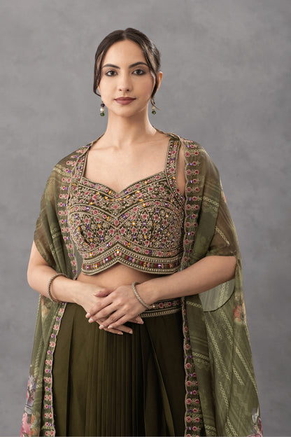 Deep Olive Green Skirt Cape set