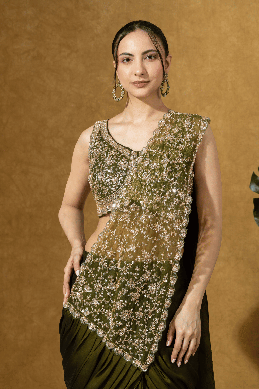 Olive Green Embroidered PreDrape Saree Set
