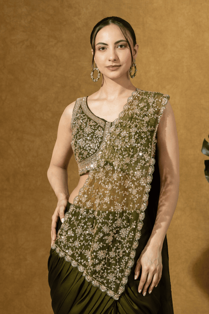 Olive Green Embroidered PreDrape Saree Set