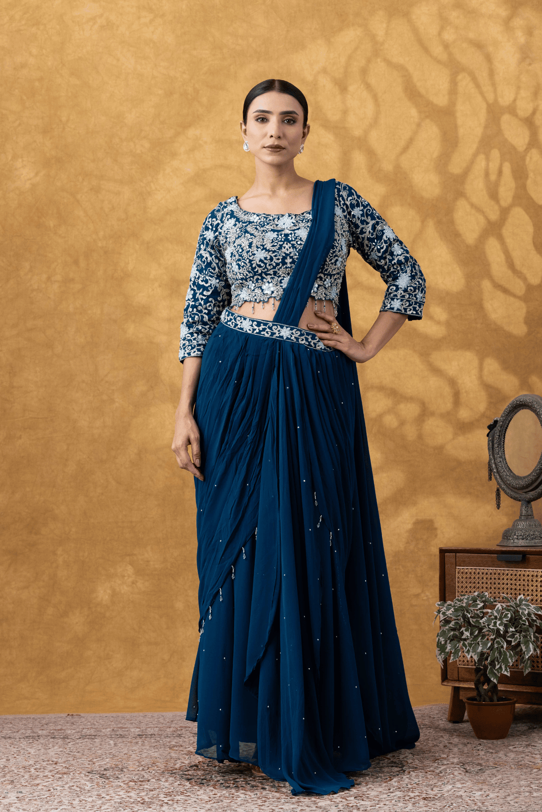 Teal Blue Embroidered Ready To Wear Saree Set